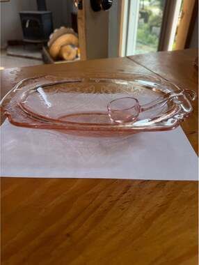 Vintage Pink Depression Glass Oval Dish with ladle – Ornate Floral Embossed